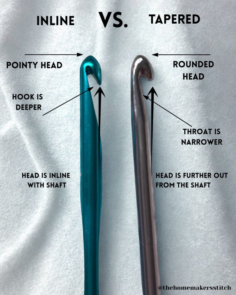 picture of inline vs tapered hooks with captions describing the differences on a white background 